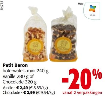 Promotions Petit baron boterwafels mini vanille of chocolade - Petit Baron - Valide de 10/04/2024 à 23/04/2024 chez Colruyt