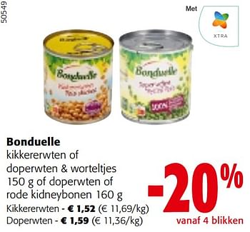 Promoties Bonduelle kikkererwten of doperwten + worteltjes of doperwten of rode kidneybonen - Bonduelle - Geldig van 10/04/2024 tot 23/04/2024 bij Colruyt