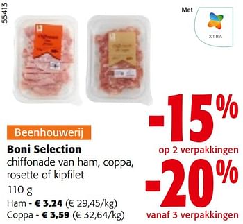 Promotions Boni selection chiffonade van ham, coppa, rosette of kipfilet - Boni - Valide de 10/04/2024 à 23/04/2024 chez Colruyt