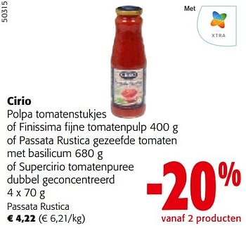 Promotions Cirio polpa tomatenstukjes of finissima fijne tomatenpulp of passata rustica gezeefde tomaten met basilicum - CIRIO - Valide de 10/04/2024 à 23/04/2024 chez Colruyt