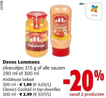 Promotions Devos lemmens zilveruitjes of alle sauzen - Devos Lemmens - Valide de 10/04/2024 à 23/04/2024 chez Colruyt