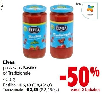 Promotions Elvea pastasaus basilico of tradizionale - Elvea - Valide de 10/04/2024 à 23/04/2024 chez Colruyt