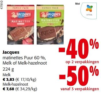 Promotions Jacques matinettes puur 60 %, melk of melk-hazelnoot - Jacques - Valide de 10/04/2024 à 23/04/2024 chez Colruyt