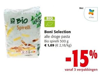 Promotions Boni selection alle droge pasta bio spirelli - Boni - Valide de 10/04/2024 à 23/04/2024 chez Colruyt