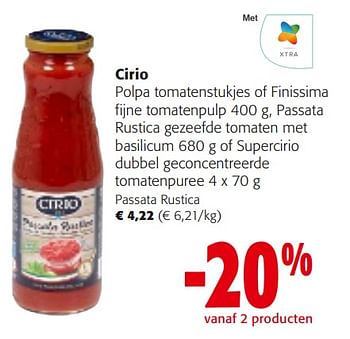 Promotions Cirio polpa tomatenstukjes of finissima fijne tomatenpulp - CIRIO - Valide de 10/04/2024 à 23/04/2024 chez Colruyt