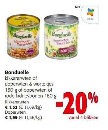 Promoties Bonduelle kikkererwten of doperwten + worteltjes of doperwten of rode kidneybonen - Bonduelle - Geldig van 10/04/2024 tot 23/04/2024 bij Colruyt
