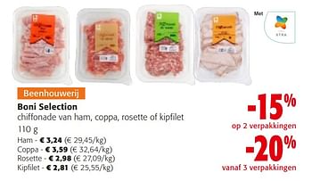 Promoties Boni selection chiffonade van ham, coppa, rosette of kipfilet - Boni - Geldig van 10/04/2024 tot 23/04/2024 bij Colruyt