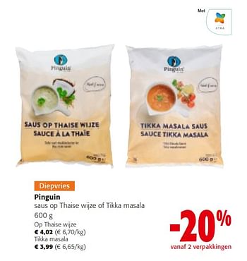 Promoties Pinguin saus op thaise wijze of tikka masala - Pinguin - Geldig van 10/04/2024 tot 23/04/2024 bij Colruyt
