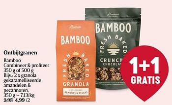 Promotions Ontbijtgranen granola gekaramelliseerde amandelen + pecannoten - Bamboo - Valide de 11/04/2024 à 17/04/2024 chez Delhaize