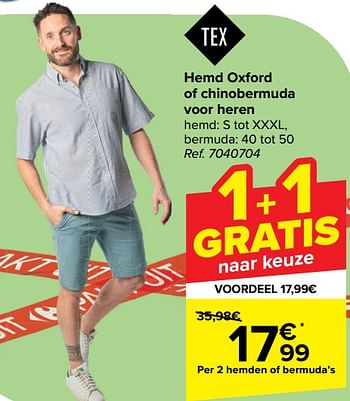 Promoties Hemd oxford of chinobermuda voor heren - Tex - Geldig van 10/04/2024 tot 22/04/2024 bij Carrefour