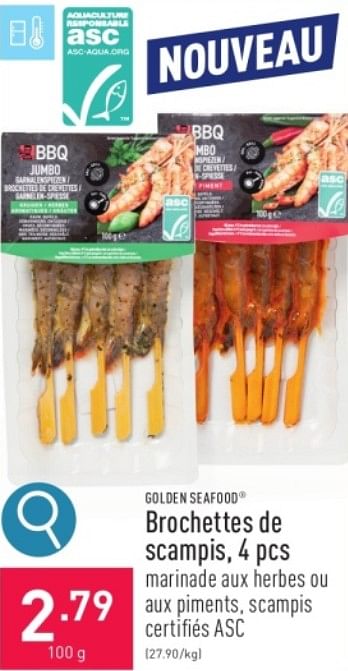 Promotions Brochettes de scampis - Golden Seafood - Valide de 31/03/2024 à 07/04/2024 chez Aldi