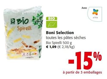Promoties Boni selection toutes les pâtes sèches bio spirelli - Boni - Geldig van 10/04/2024 tot 23/04/2024 bij Colruyt