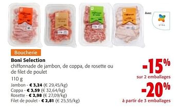 Promoties Boni selection chiffonnade de jambon, de coppa, de rosette ou de filet de poulet - Boni - Geldig van 10/04/2024 tot 23/04/2024 bij Colruyt