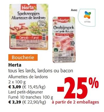 Promoties Herta tous les lards, lardons ou bacon - Herta - Geldig van 10/04/2024 tot 23/04/2024 bij Colruyt