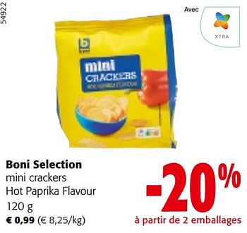 Promotions Boni selection mini crackers hot paprika flavour - Boni - Valide de 10/04/2024 à 23/04/2024 chez Colruyt