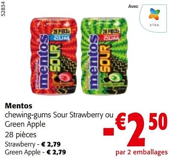 Promoties Mentos chewing-gums sour strawberry ou green apple - Mentos - Geldig van 10/04/2024 tot 23/04/2024 bij Colruyt