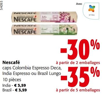 Promoties Nescafé caps colombia espresso deca, india espresso ou brazil lungo - Nescafe - Geldig van 10/04/2024 tot 23/04/2024 bij Colruyt