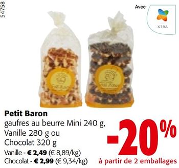 Promoties Petit baron gaufres au beurre mini, vanille ou chocolat - Petit Baron - Geldig van 10/04/2024 tot 23/04/2024 bij Colruyt