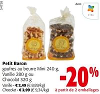 Promotions Petit baron gaufres au beurre mini, vanille ou chocolat - Petit Baron - Valide de 10/04/2024 à 23/04/2024 chez Colruyt