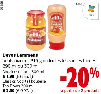 Promotions Devos lemmens petits oignons ou toutes les sauces froides - Devos Lemmens - Valide de 10/04/2024 à 23/04/2024 chez Colruyt