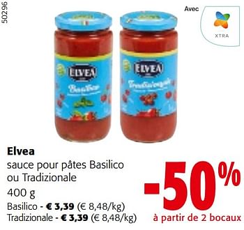 Promotions Elvea sauce pour pâtes basilico ou tradizionale - Elvea - Valide de 10/04/2024 à 23/04/2024 chez Colruyt