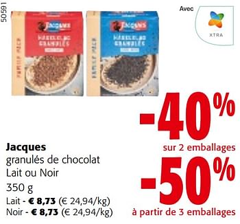 Promoties Jacques granulés de chocolat lait ou noir - Jacques - Geldig van 10/04/2024 tot 23/04/2024 bij Colruyt