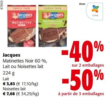 Promotions Jacques matinettes noir 60 %, lait ou noisettes lait - Jacques - Valide de 10/04/2024 à 23/04/2024 chez Colruyt