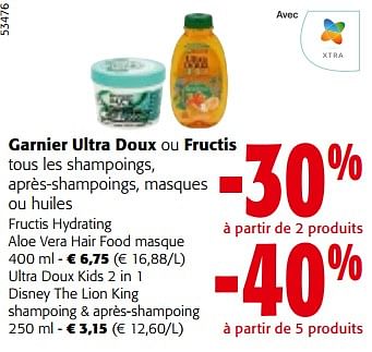 Promotions Garnier ultra doux ou fructis tous les shampoings, après-shampoings, masques ou huiles - Garnier - Valide de 10/04/2024 à 23/04/2024 chez Colruyt