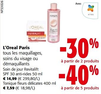 Promotions L’oreal paris tous les maquillages, soins du visage ou démaquillants - L'Oreal Paris - Valide de 10/04/2024 à 23/04/2024 chez Colruyt