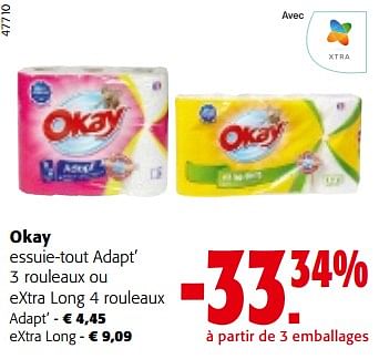 Promoties Okay essuie-tout adapt’ 3 rouleaux ou extra long 4 rouleaux - Okay - Geldig van 10/04/2024 tot 23/04/2024 bij Colruyt