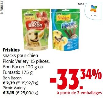 Promotions Friskies snacks pour chien picnic variety, bon bacon ou funtastix - Purina - Valide de 10/04/2024 à 23/04/2024 chez Colruyt