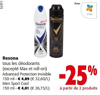 Promoties Rexona tous les déodorants - Rexona - Geldig van 10/04/2024 tot 23/04/2024 bij Colruyt