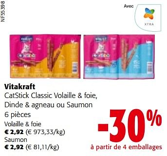 Promotions Vitakraft catstick classic volaille + foie, dinde + agneau ou saumon - Vitakraft - Valide de 10/04/2024 à 23/04/2024 chez Colruyt