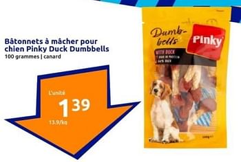 Promoties Bâtonnets à mâcher pour chien pinky duck dumbbells - Pinky - Geldig van 10/04/2024 tot 16/04/2024 bij Action