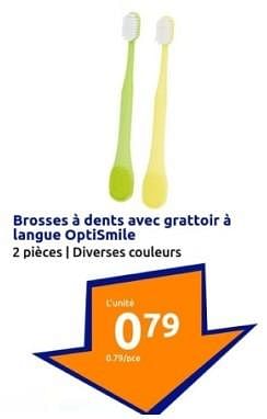 Promoties Brosses à dents avec grattoir à langue optismile - Huismerk - Action - Geldig van 10/04/2024 tot 16/04/2024 bij Action