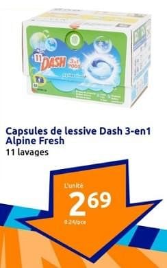 Promotions Capsules de lessive dash 3 en 1 alpine fresh - Dash - Valide de 10/04/2024 à 16/04/2024 chez Action