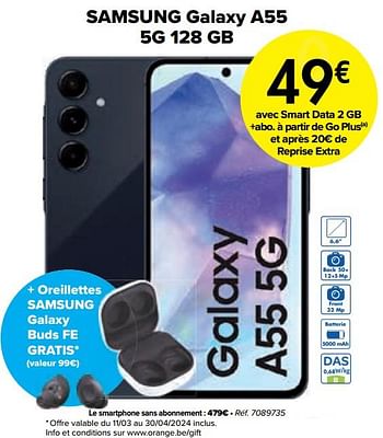Promoties Samsung galaxy a55 5g 128 gb - Samsung - Geldig van 02/04/2024 tot 01/05/2024 bij Carrefour