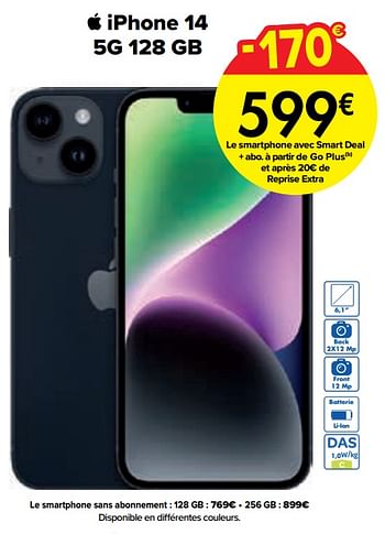 Promotions Apple iphone 14 5g 128 gb - Apple - Valide de 02/04/2024 à 01/05/2024 chez Carrefour