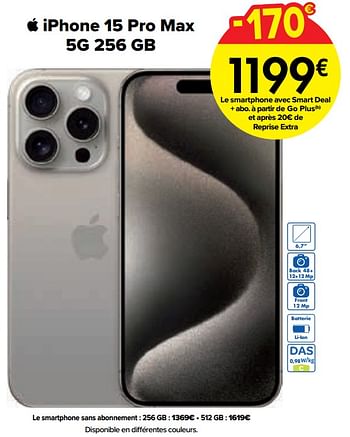 Promoties Apple iphone 15 pro max 5g 256 gb - Apple - Geldig van 02/04/2024 tot 01/05/2024 bij Carrefour