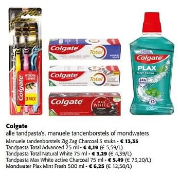 Promoties Colgate alle tandpasta’s, manuele tandenborstels of mondwaters - Colgate - Geldig van 10/04/2024 tot 23/04/2024 bij Colruyt