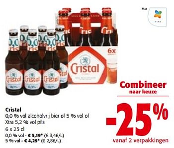 Promotions Cristal 0,0 % vol alcoholvrij bier of xtra pils - Cristal - Valide de 10/04/2024 à 23/04/2024 chez Colruyt