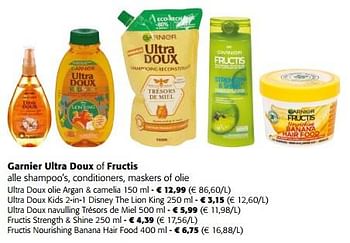 Promotions Garnier ultra doux of fructis alle shampoo`s, conditioners, maskers of olie - Garnier - Valide de 10/04/2024 à 23/04/2024 chez Colruyt