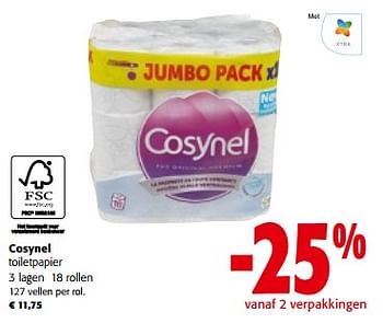 Promotions Cosynel toiletpapier 3 lagen 18 rollen - Cosynel - Valide de 10/04/2024 à 23/04/2024 chez Colruyt