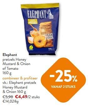 Promoties Elephant pretzels honey mustard + onion - Elephant - Geldig van 10/04/2024 tot 23/04/2024 bij OKay