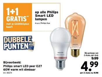 Promotions Philips smart led peer e27 warm wit dimbaar - Philips - Valide de 10/04/2024 à 23/04/2024 chez Gamma