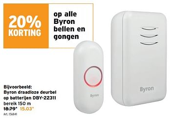 Promoties Byron draadloze deurbel op batterijen dby-22311 - Byron - Geldig van 10/04/2024 tot 23/04/2024 bij Gamma