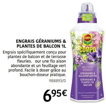 Promoties Engrais géraniums + plantes de balcon - Compo - Geldig van 04/04/2024 tot 30/06/2024 bij HandyHome