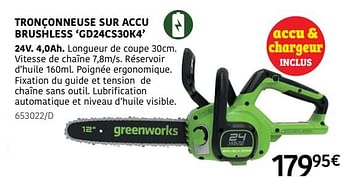 Promoties Greenworks tronçonneuse sur accu brushless gd24cs30k4 - Greenworks - Geldig van 04/04/2024 tot 30/06/2024 bij HandyHome