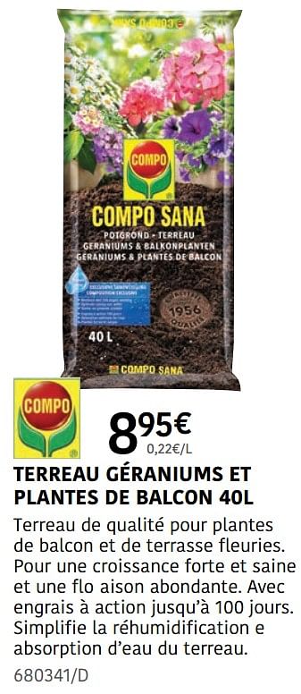 Promoties Terreau géraniums et plantes de balcon - Compo - Geldig van 04/04/2024 tot 30/06/2024 bij HandyHome