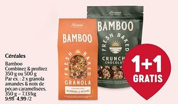 Promoties Céréales granola amandes + noix de pécan caramélisées - Bamboo - Geldig van 11/04/2024 tot 17/04/2024 bij Delhaize